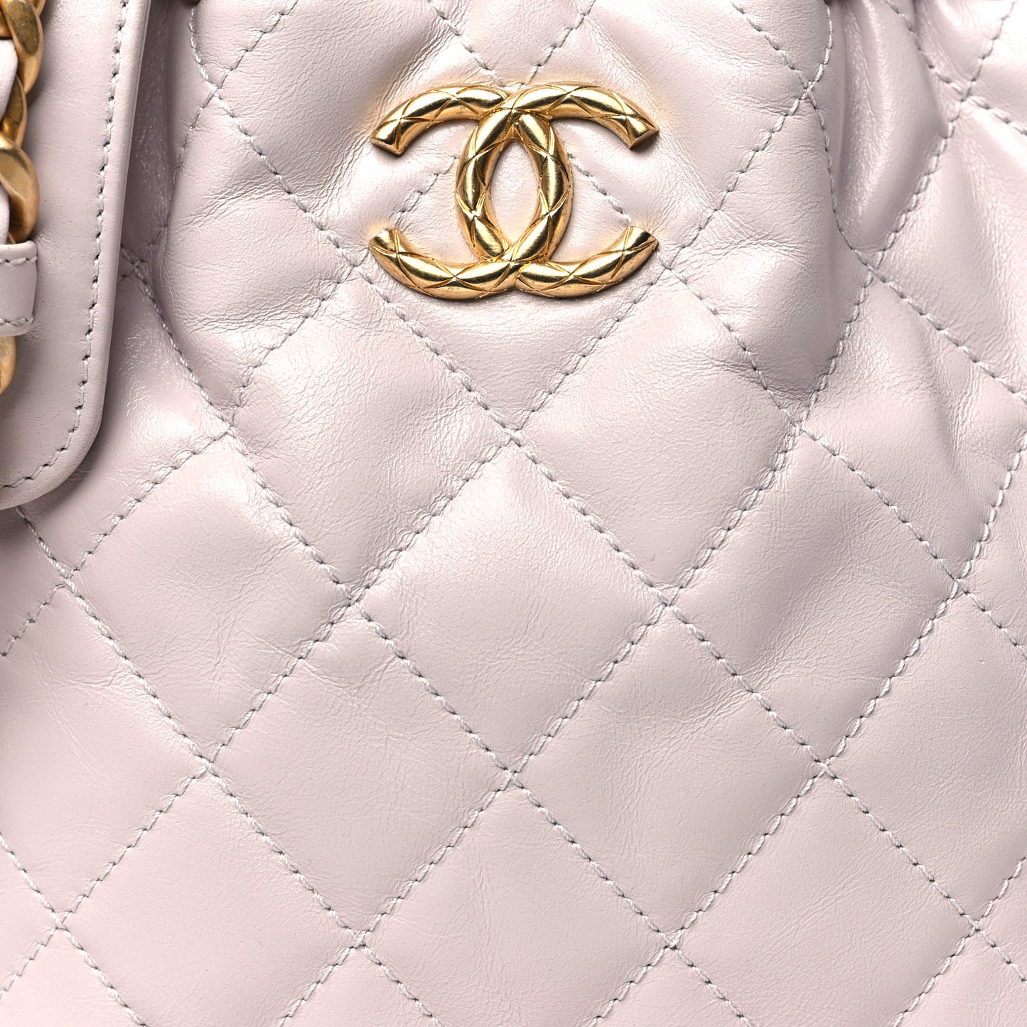 Shiny Aged Calfskin CC Chain Drawstring Bag Light Purple