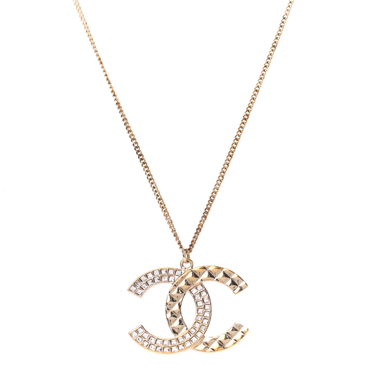 Baguette Crystal Quilted CC Pendant Necklace Gold