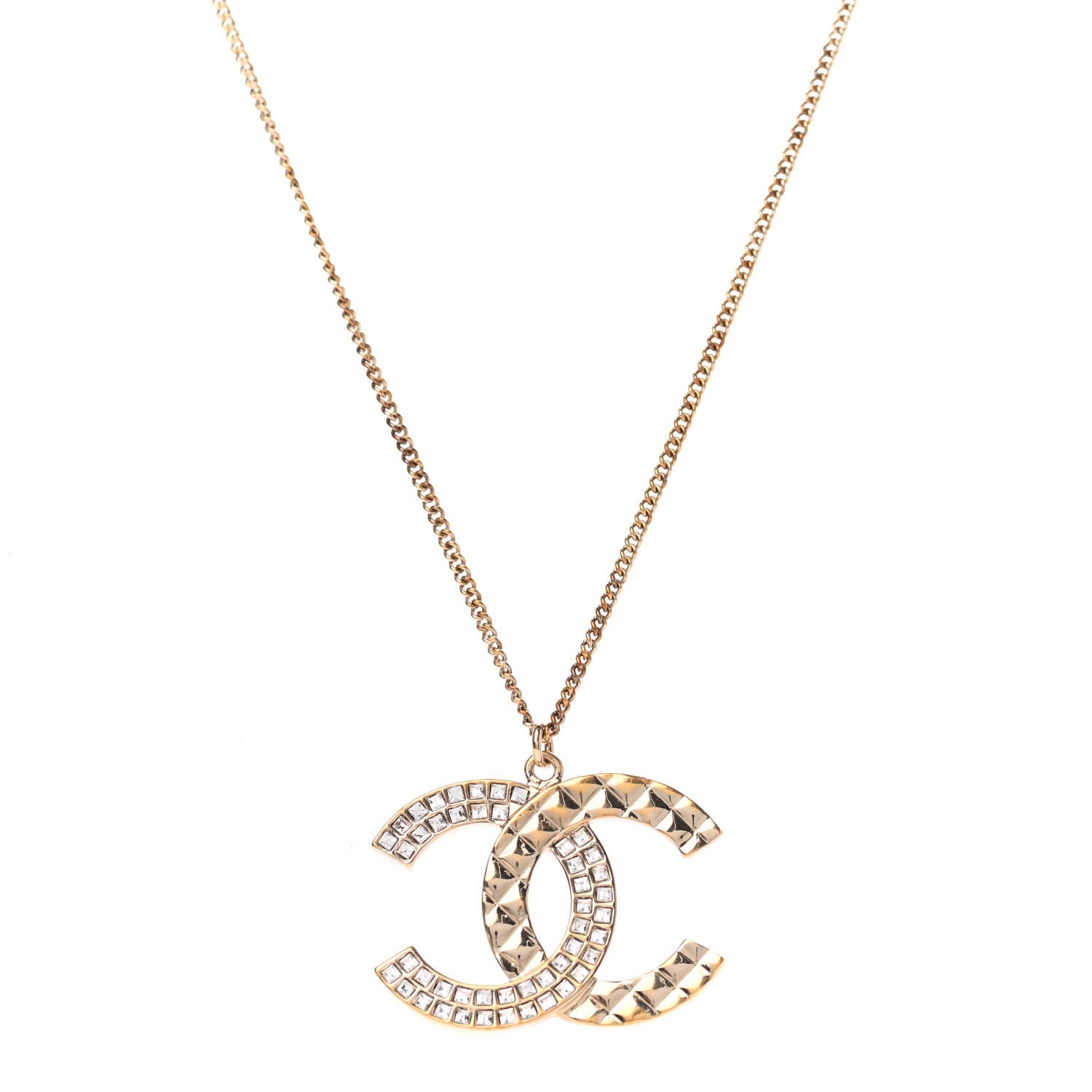 Chanel Baguette Crystal Quilted CC Pendant Necklace Gold 1 of 4