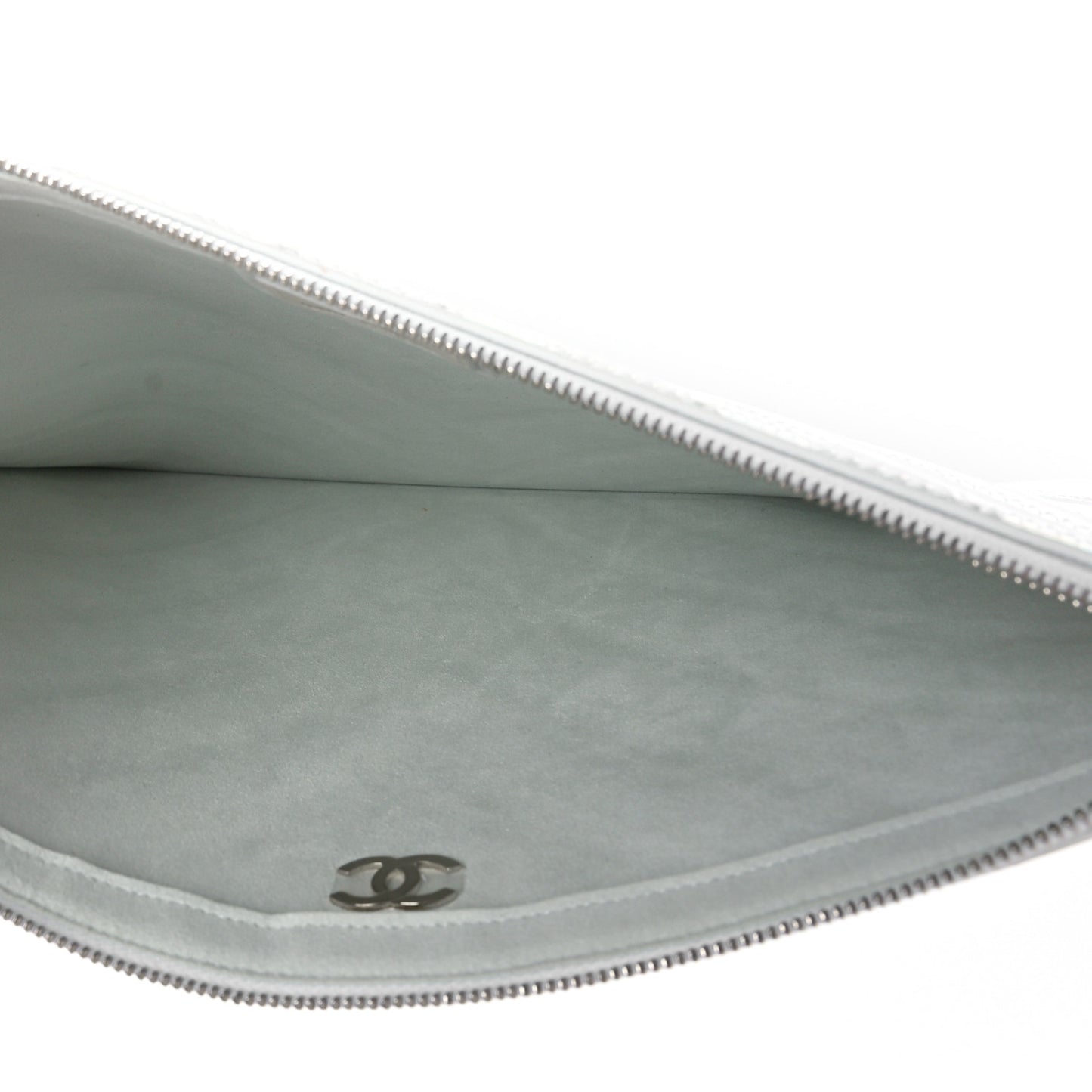Lambskin Metallic Chevron Zip Pouch White Silver