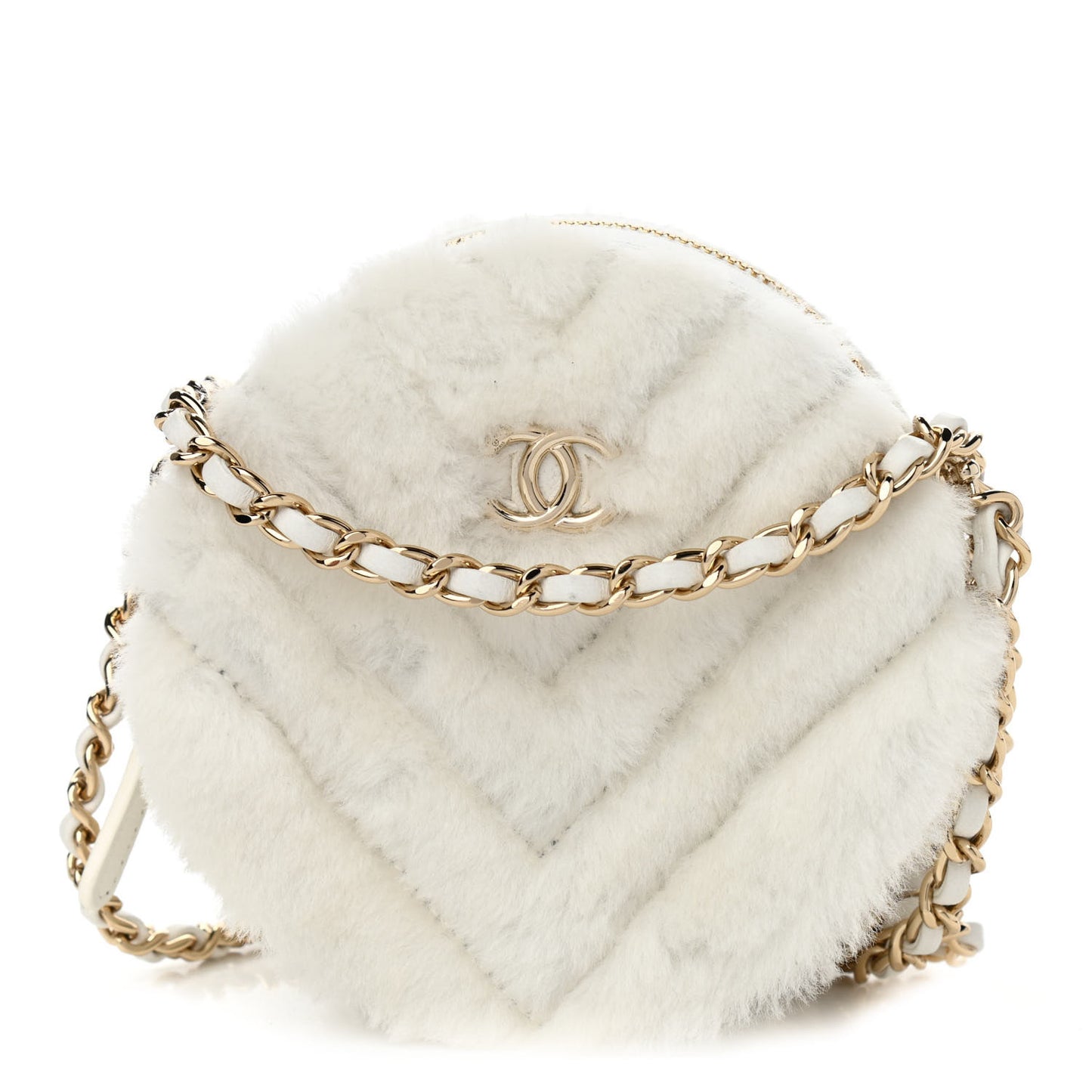 Fur Chevron Quilted Round Clutch With Chain White