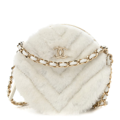 Chanel Fur Chevron Quilted Round Clutch With Chain White 1 of 11