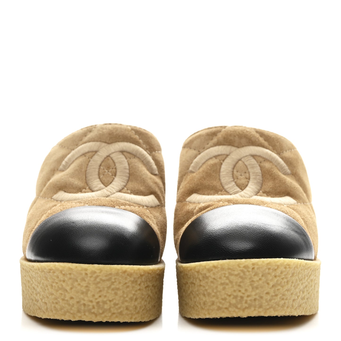 Suede Calfskin Lambskin Quilted CC Mules 37 Beige Black