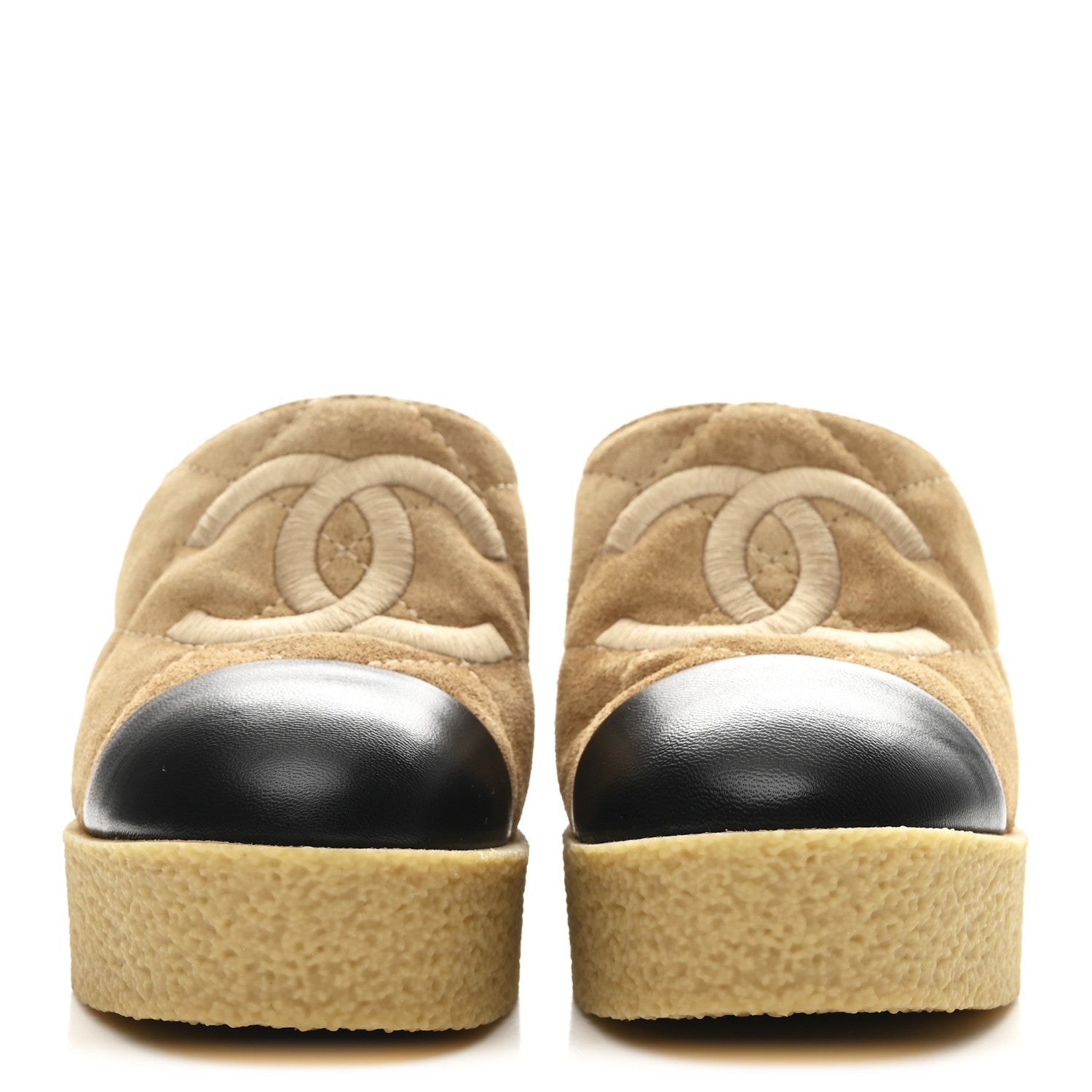 Chanel Suede Calfskin Lambskin Quilted CC Mules 37 Beige Black 3 of 11