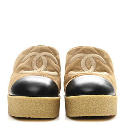 Chanel Suede Calfskin Lambskin Quilted CC Mules 37 Beige Black 3 of 11