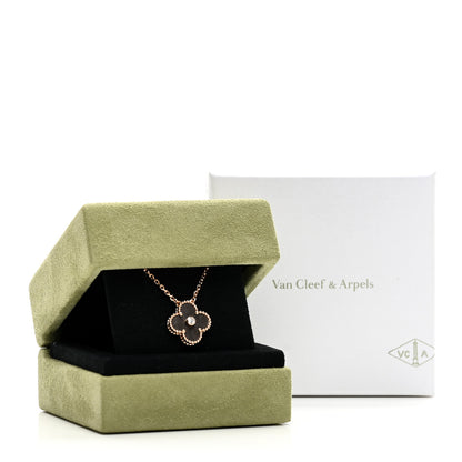 Van Cleef & Arpels 18K Rose Gold Diamond Silver Obsidian Vintage Alhambra Pendant Necklace 6 of 6