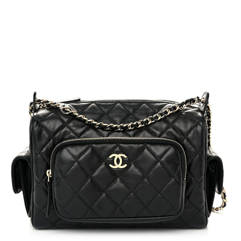 Shiny Crumpled Lambskin Quilted Medium Preppy Pocket Camera Case Black