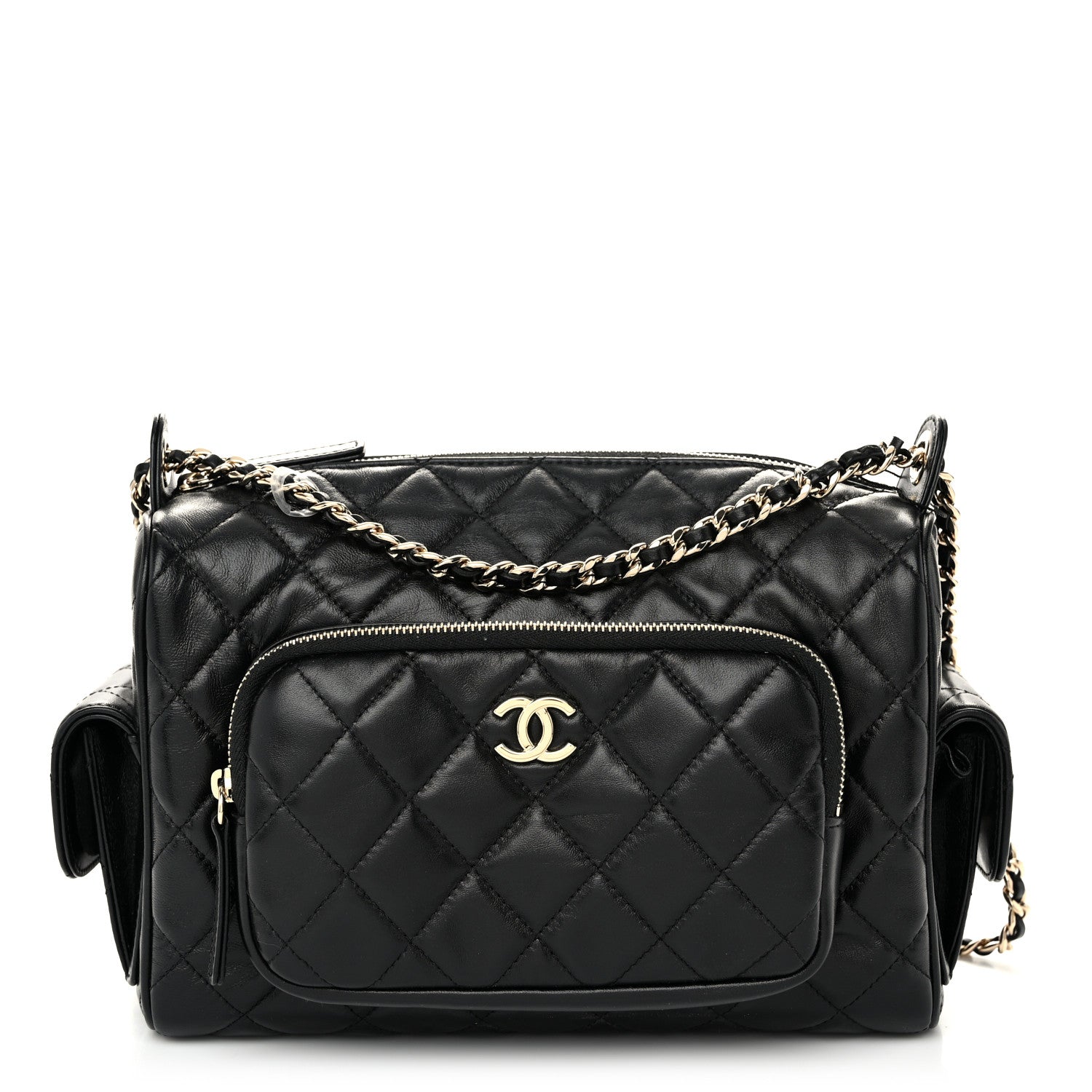 Chanel Shiny Crumpled Lambskin Quilted Medium Preppy Pocket Camera Case Black 1 of 10