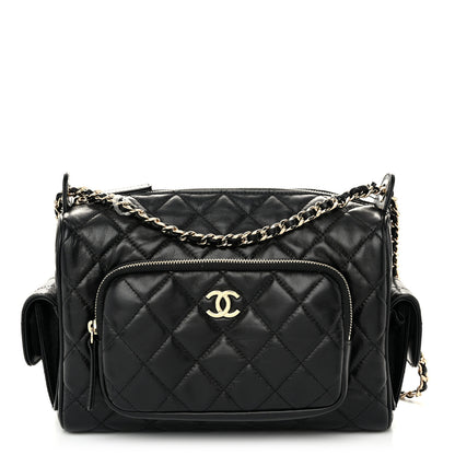 Chanel Shiny Crumpled Lambskin Quilted Medium Preppy Pocket Camera Case Black 1 of 10