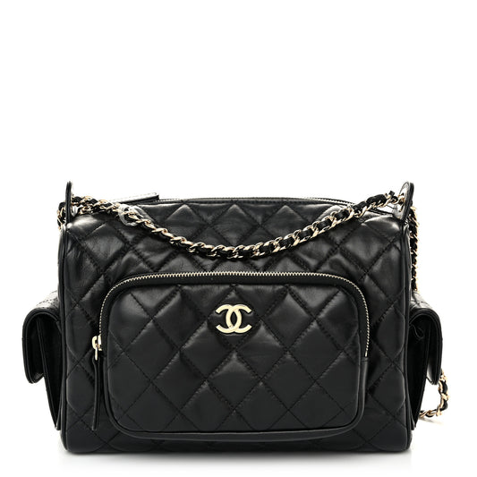 Shiny Crumpled Lambskin Quilted Medium Preppy Pocket Camera Case Black