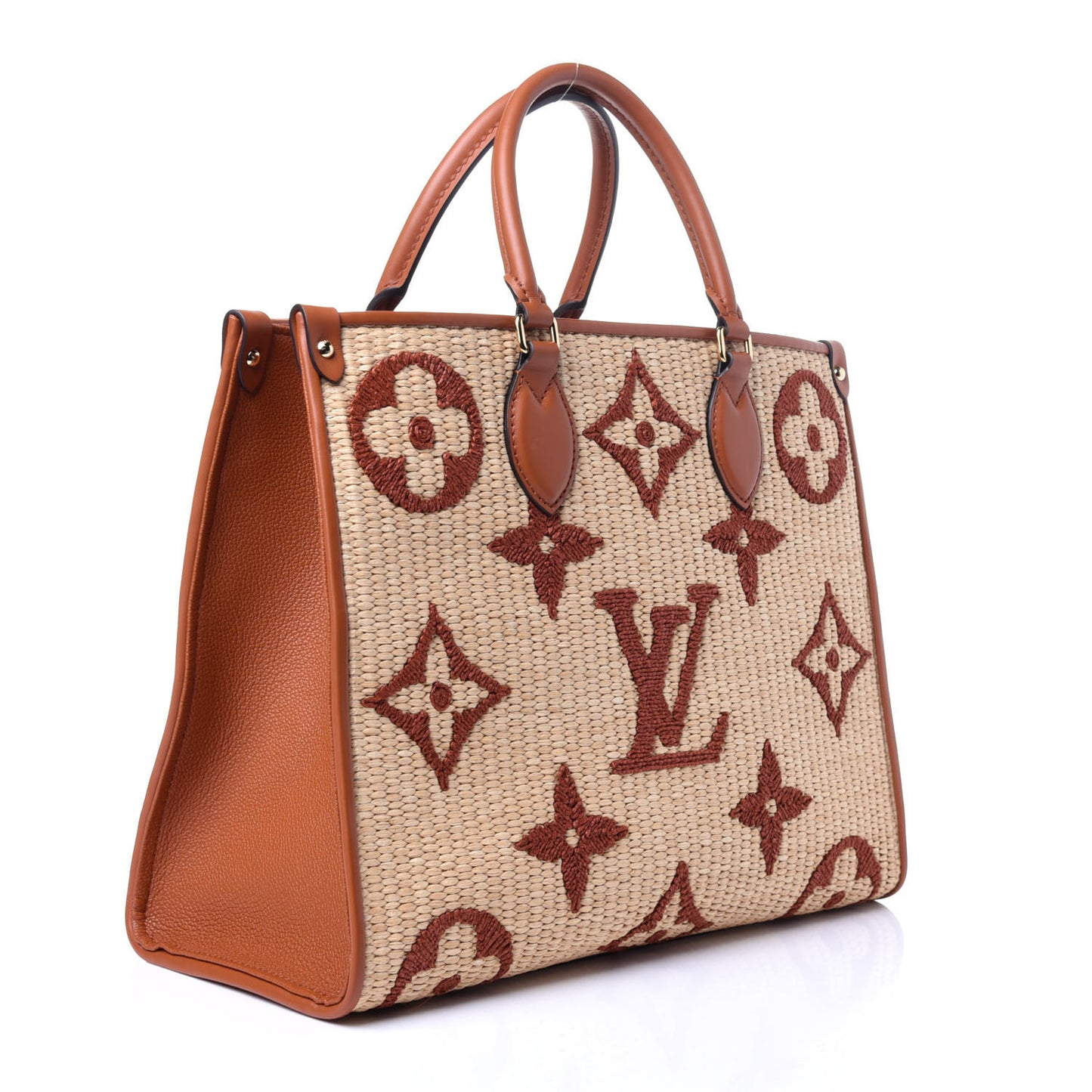 Raffia Calfskin Monogram Giant Onthego MM Tan