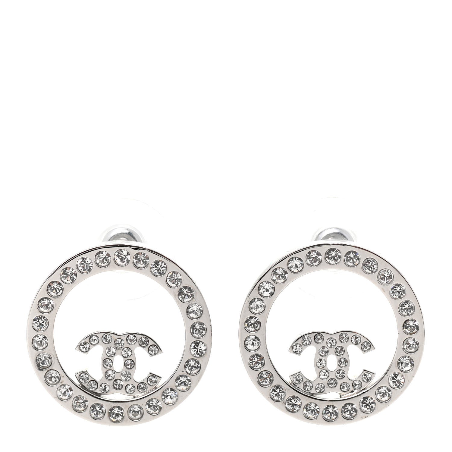 Chanel Crystal CC Round Earrings Silver 1 of 4