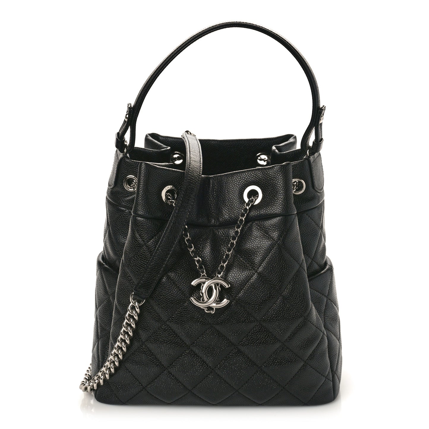 Grained Calfskin Quilted Medium CC Chain Bucket Drawstring Bag Black