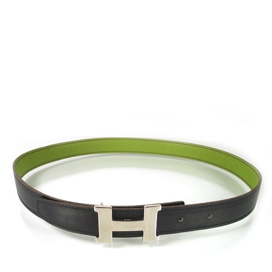 Leather Reversible H Belt 75 Black and Vert Anis