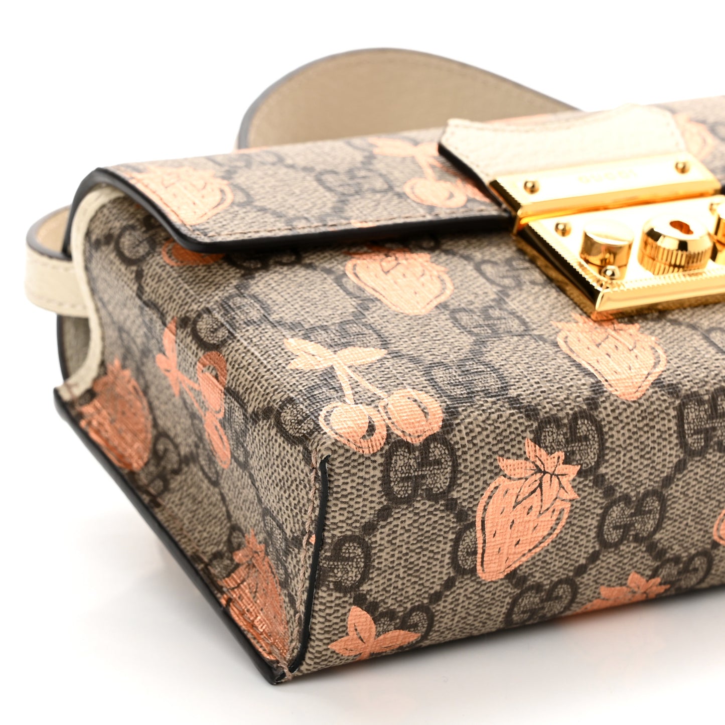 GG Supreme Monogram Berry Textured Dollar Calfskin Mini Padlock Top Handle Shoulder Bag Beige Ebony Light Copper Mystic White