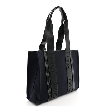 Chloe Calfskin Linen Medium Woody Tote Deep Denim 3 of 11