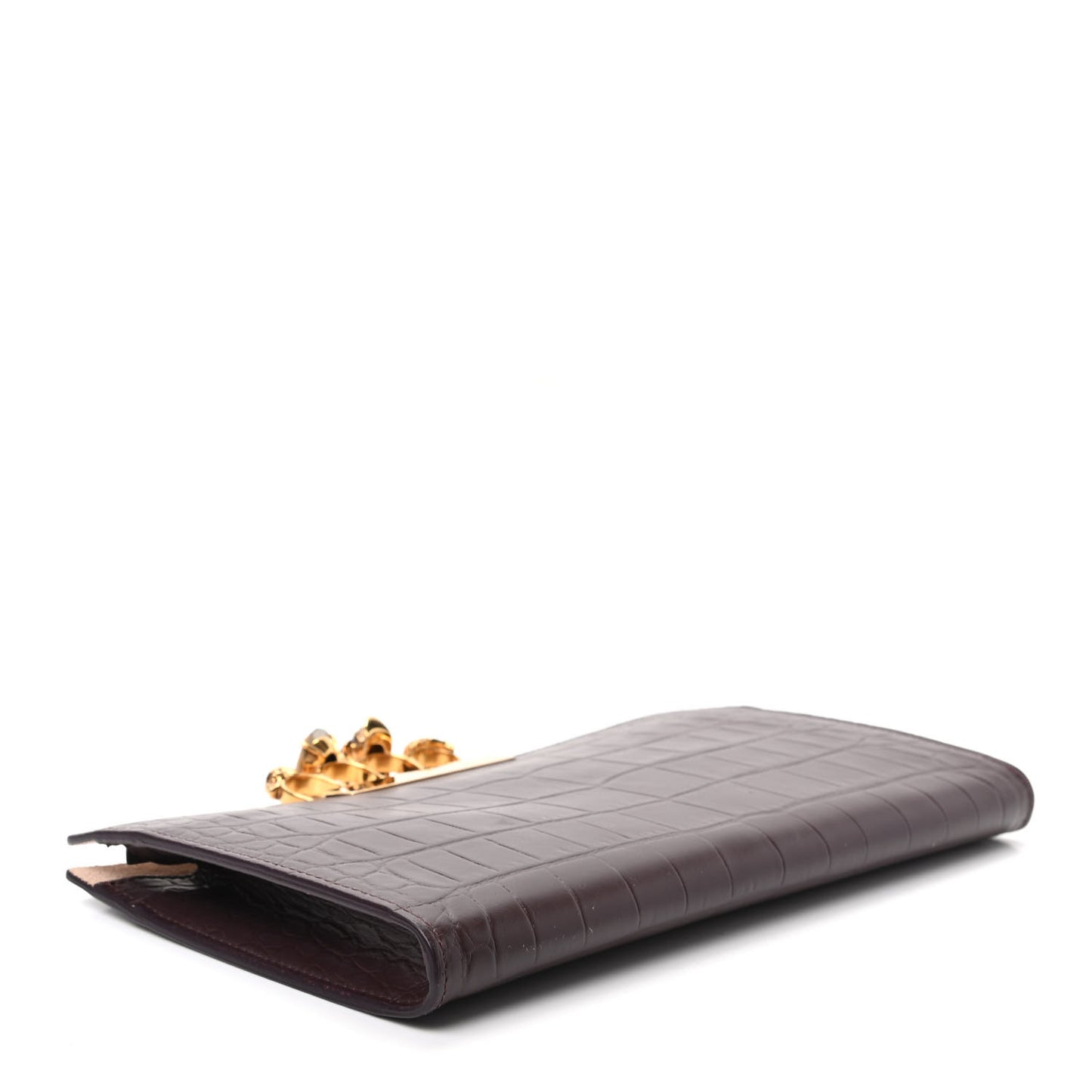 Calfskin Crocodile Embossed Knuckle Flat Clutch Burgundy