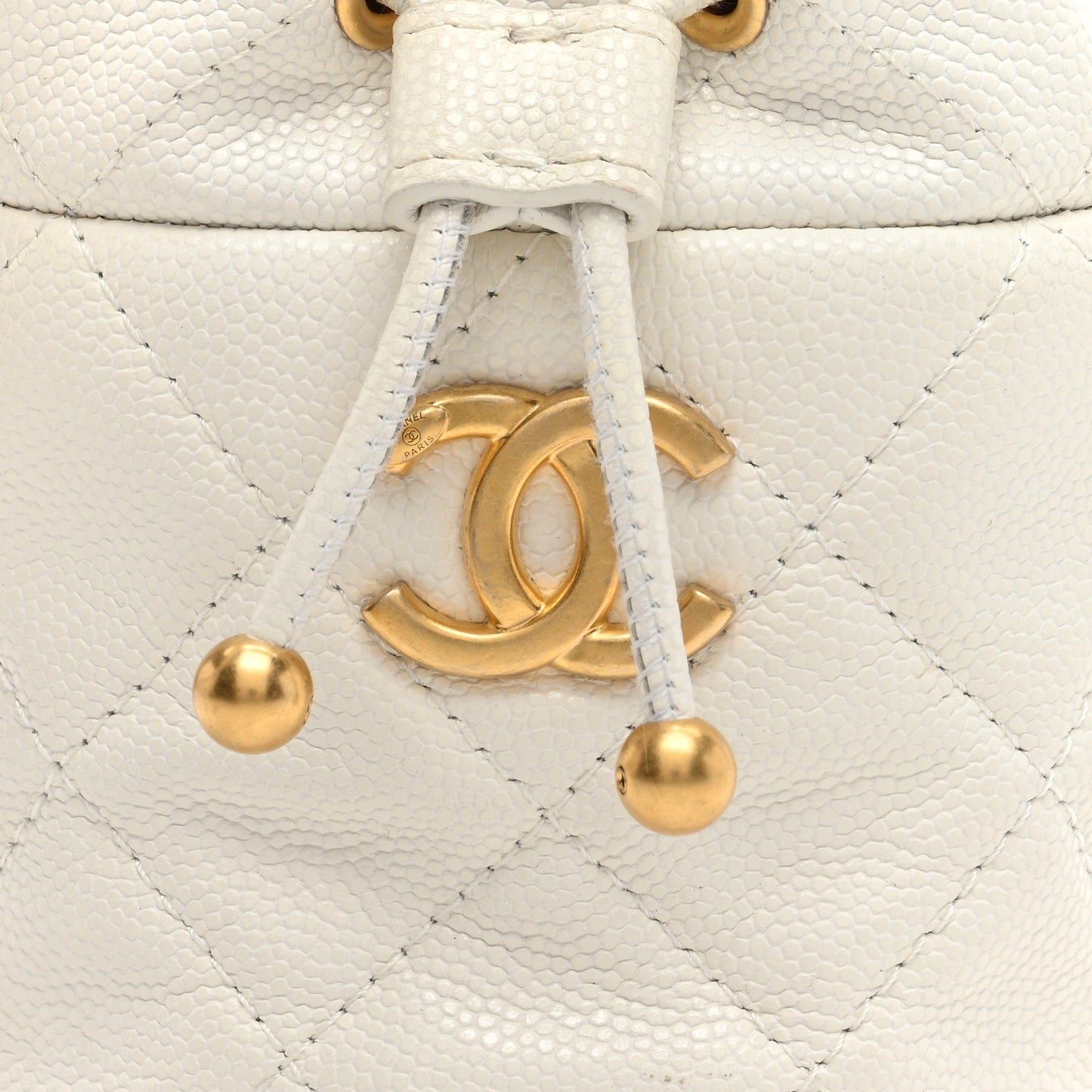 Caviar Quilted Twist Your Buttons Mini Bucket Bag White