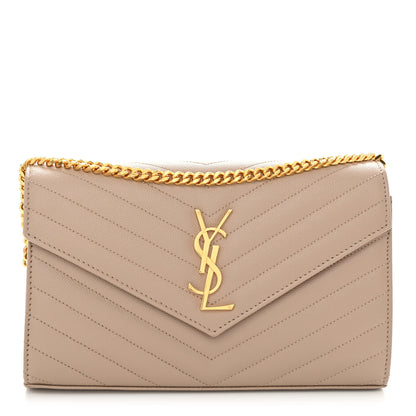 Saint Laurent Grain De Poudre Matelasse Chevron Monogram Chain Wallet Dark Beige 1 of 10