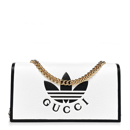 Gucci X ADIDAS Textured Dollar Calfskin Trefoil Embossed Wallet On Chain Off White Black 1 of 8