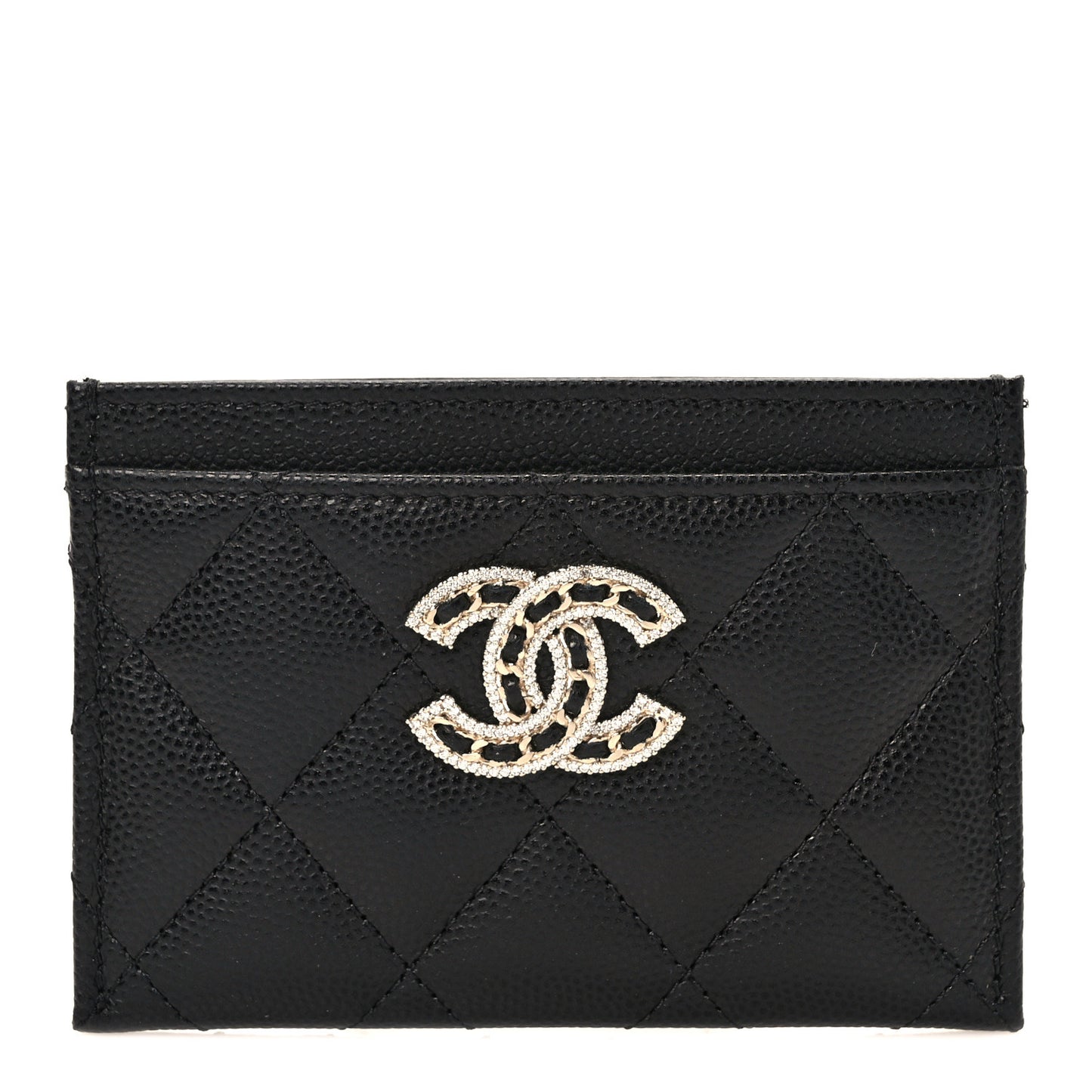 Caviar Quilted Crystal Card Holder Black