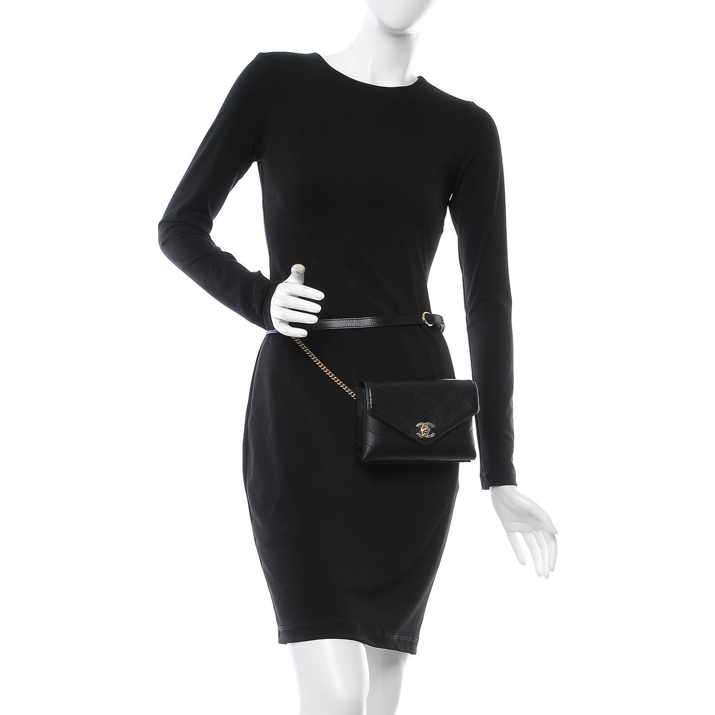 Calfskin Chevron Stitched Coco Waist Bag Black