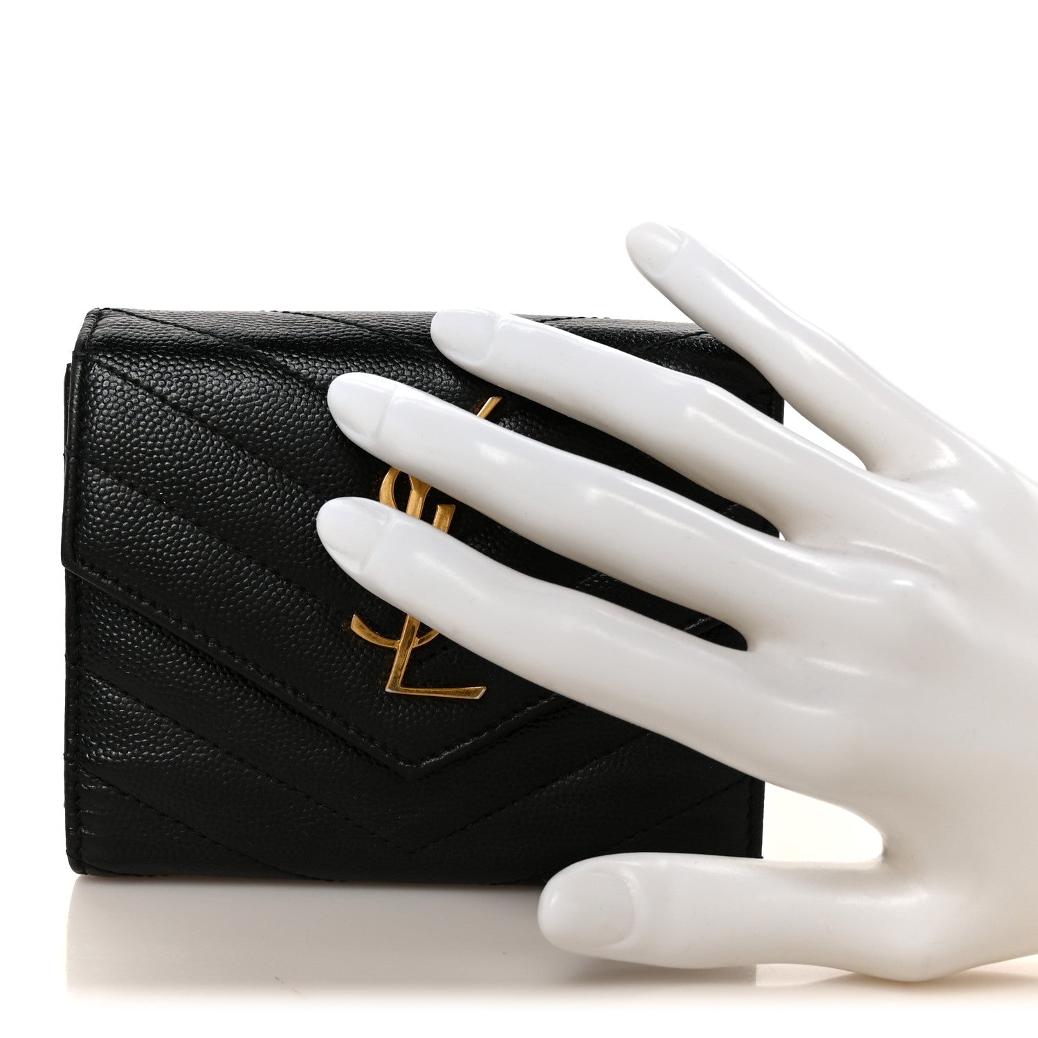 Saint Laurent Grain De Poudre Matelasse Chevron Monogram Compact Tri Fold Wallet Black 2 of 9