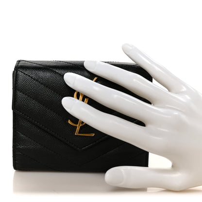 Saint Laurent Grain De Poudre Matelasse Chevron Monogram Compact Tri Fold Wallet Black 2 of 9
