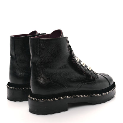 Chanel Crackled Calfskin Velvet Pearl Combat Short Boots 37 Black 4 of 9