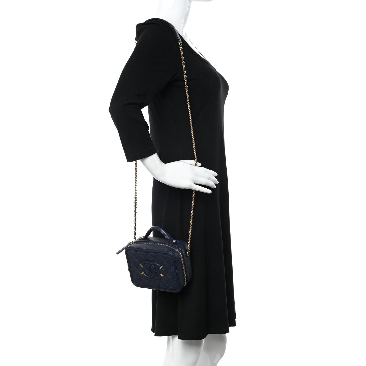 Chanel Caviar Quilted Small CC Filigree Vanity Case Navy 2 of 13