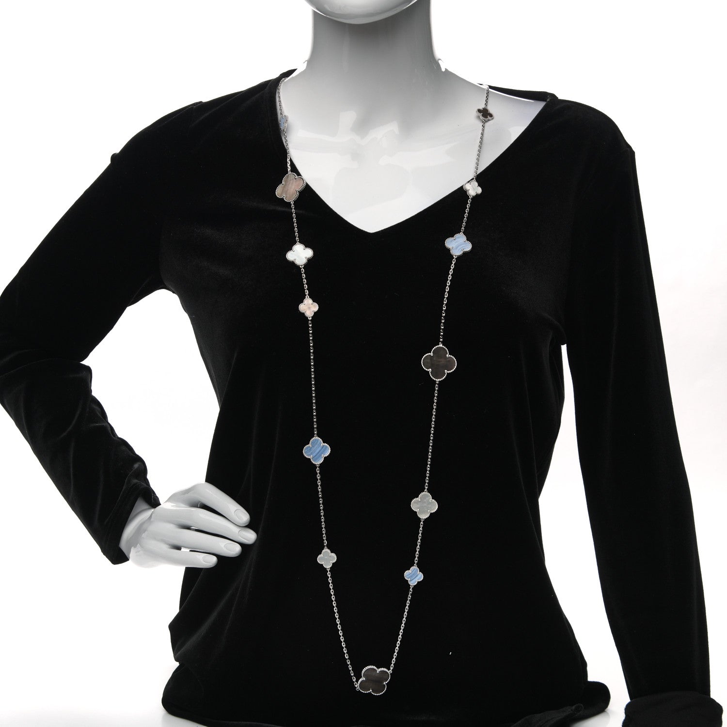 Van Cleef & Arpels 18K White Gold Mother of Pearl Chalcedony 16 Motifs Magic Alhambra Necklace 2 of 5