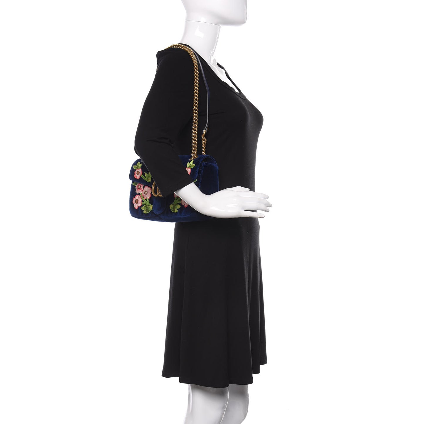 Velvet Matelasse Deer Embroidered Small GG Marmont Shoulder Bag Cobalt