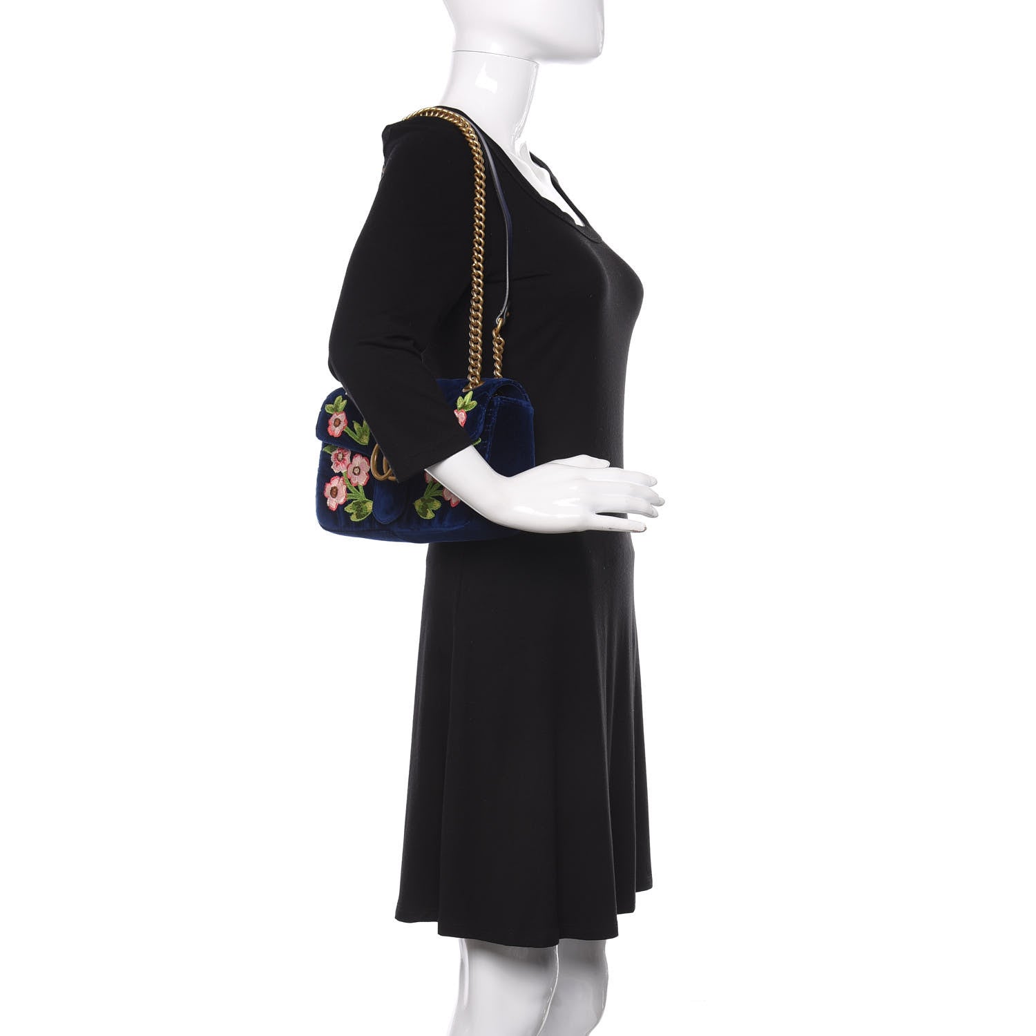 Gucci Velvet Matelasse Deer Embroidered Small GG Marmont Shoulder Bag Cobalt 2 of 11