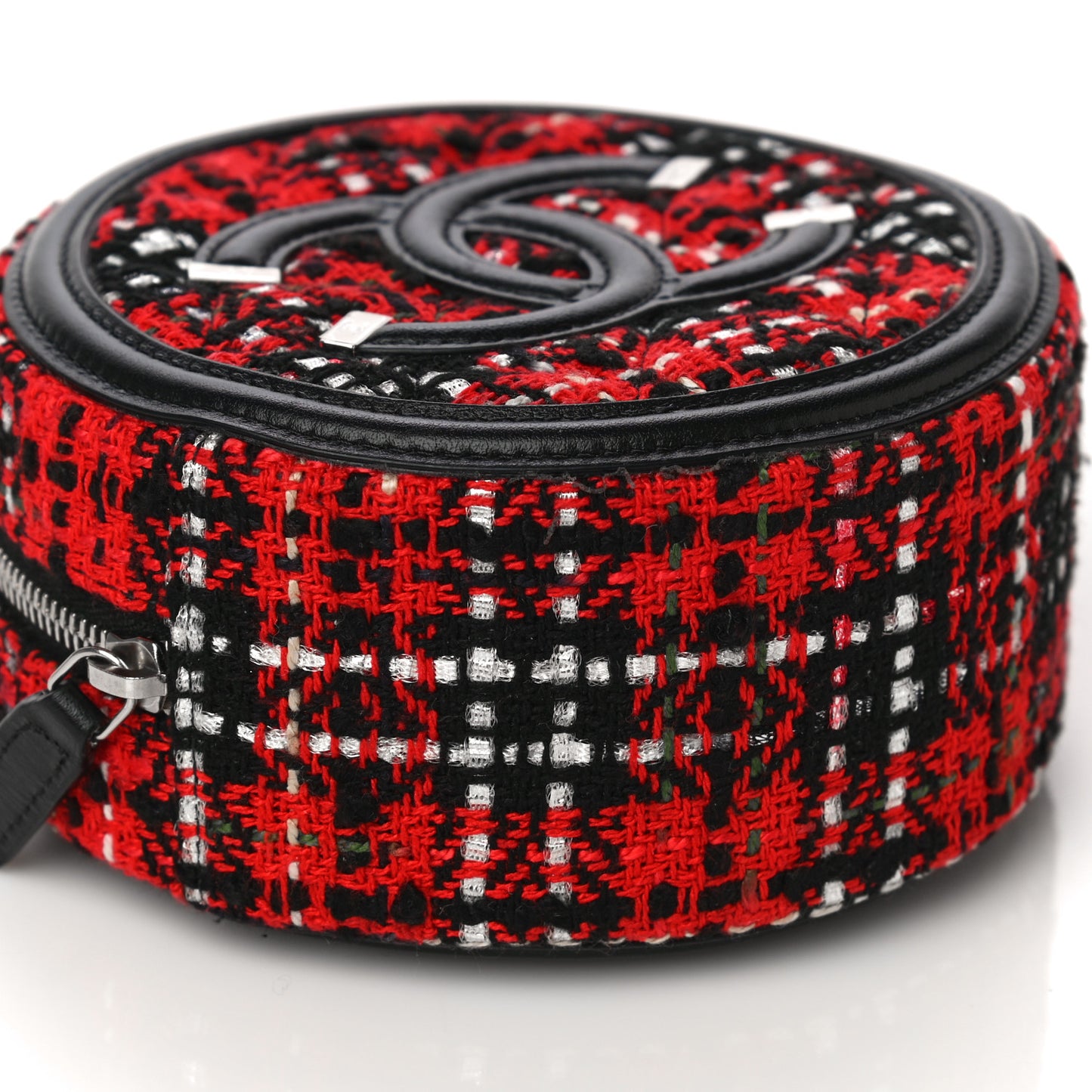 Tweed Quilted Round Filigree Clutch With Chain Red Black