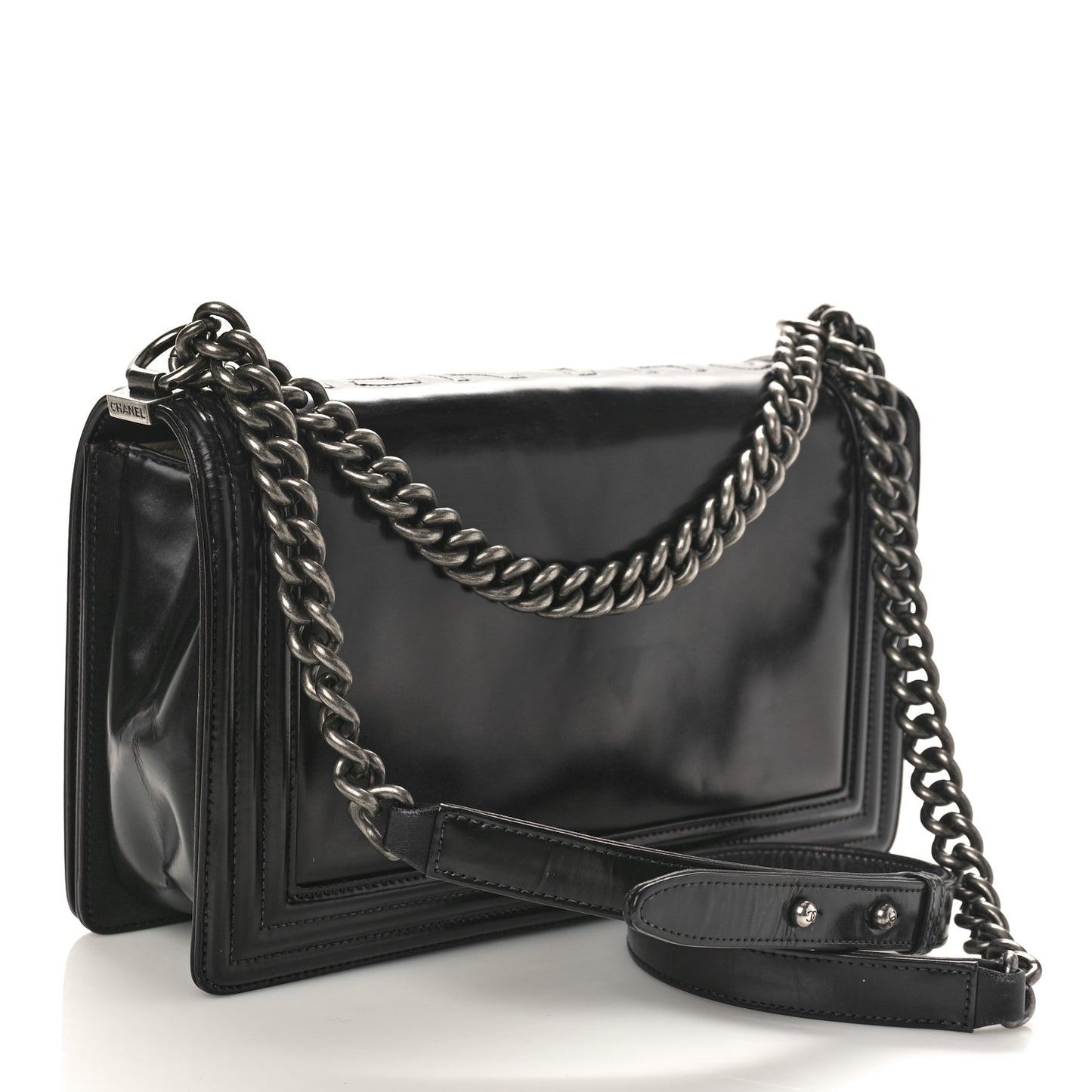 Glazed Calfskin Medium Boy Flap Black