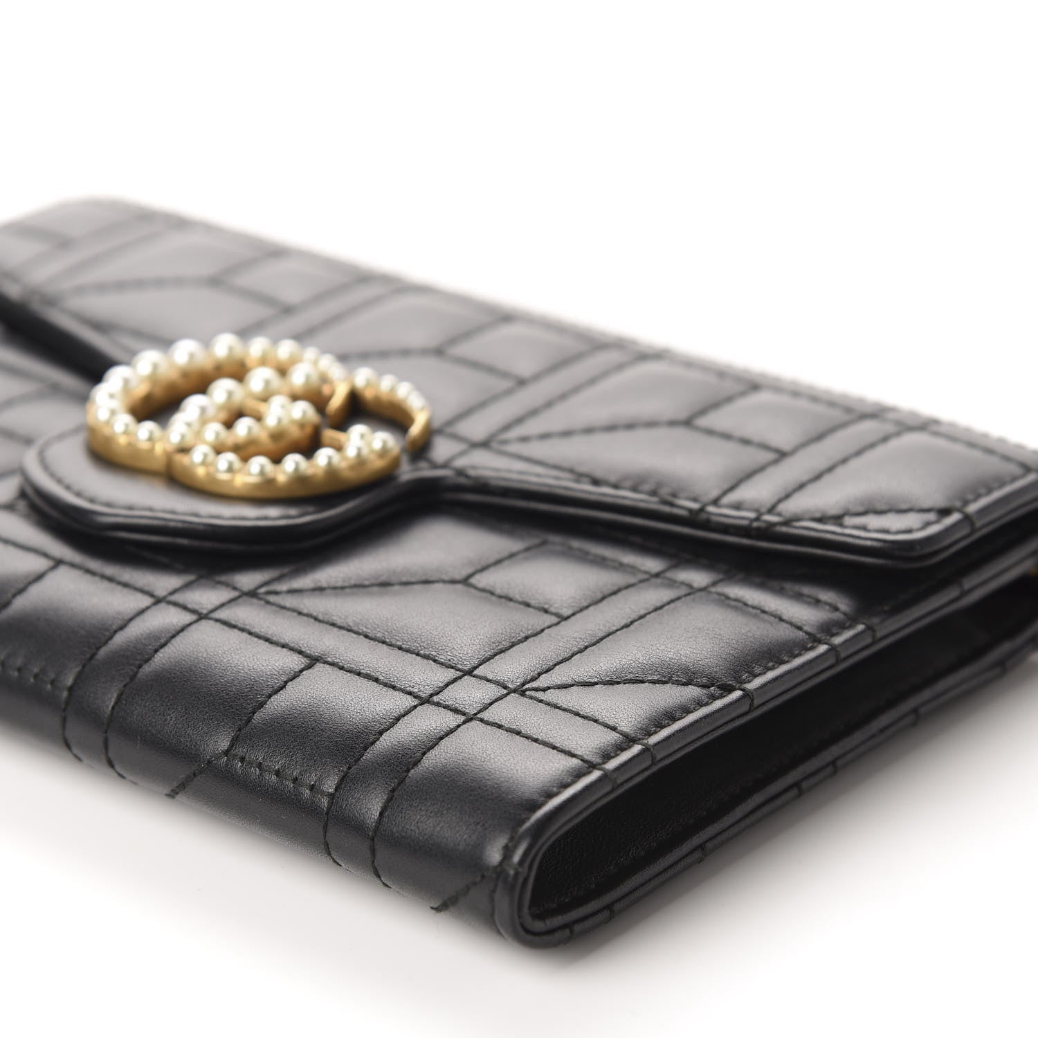 Gucci Calfskin Matelasse Mini Pearly GG Marmont Chain Wallet Black 7 of 11