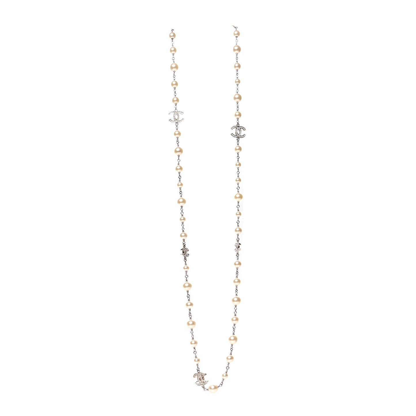 Graduated Pearl Crystal CC Long Necklace Silver