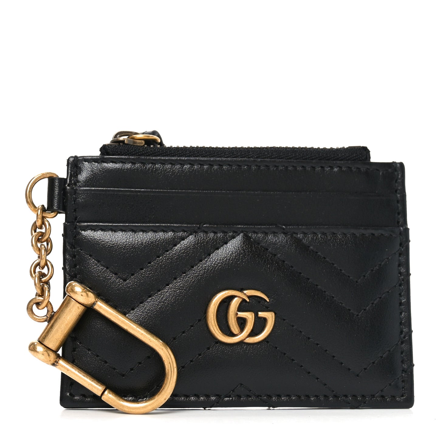 Calfskin Matelasse Chevron GG Marmont Key Case Card Holder Black
