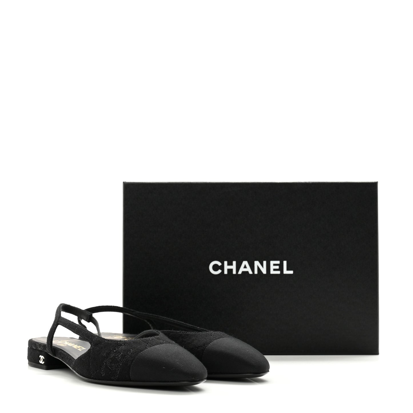Wool Grosgrain Cap Toe CC Logo Slingback Flats 39.5 Black