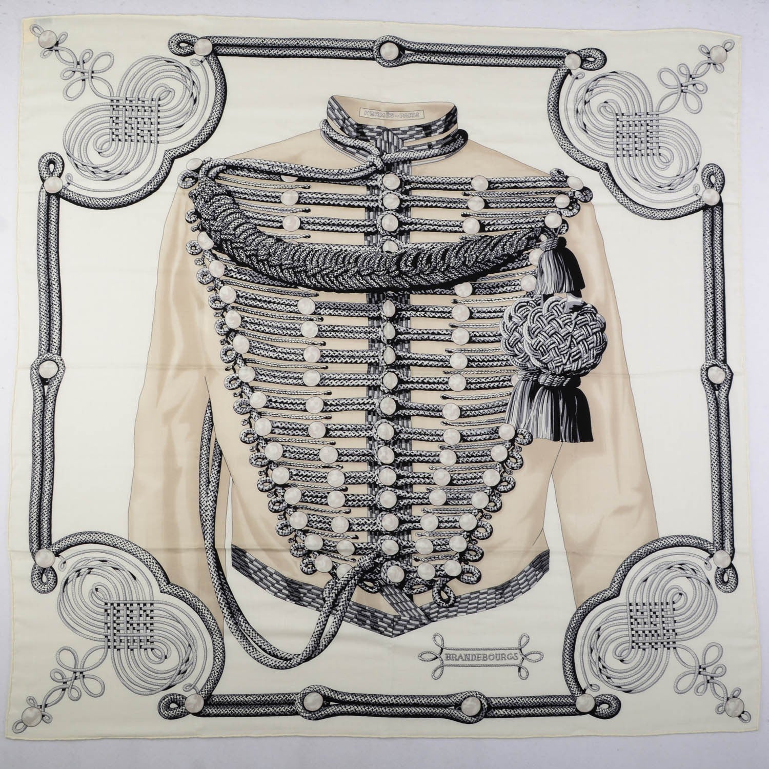 Hermes Cashmere Silk Brandebourgs Scarf 140 Blanc Noir Mastic 2 of 6