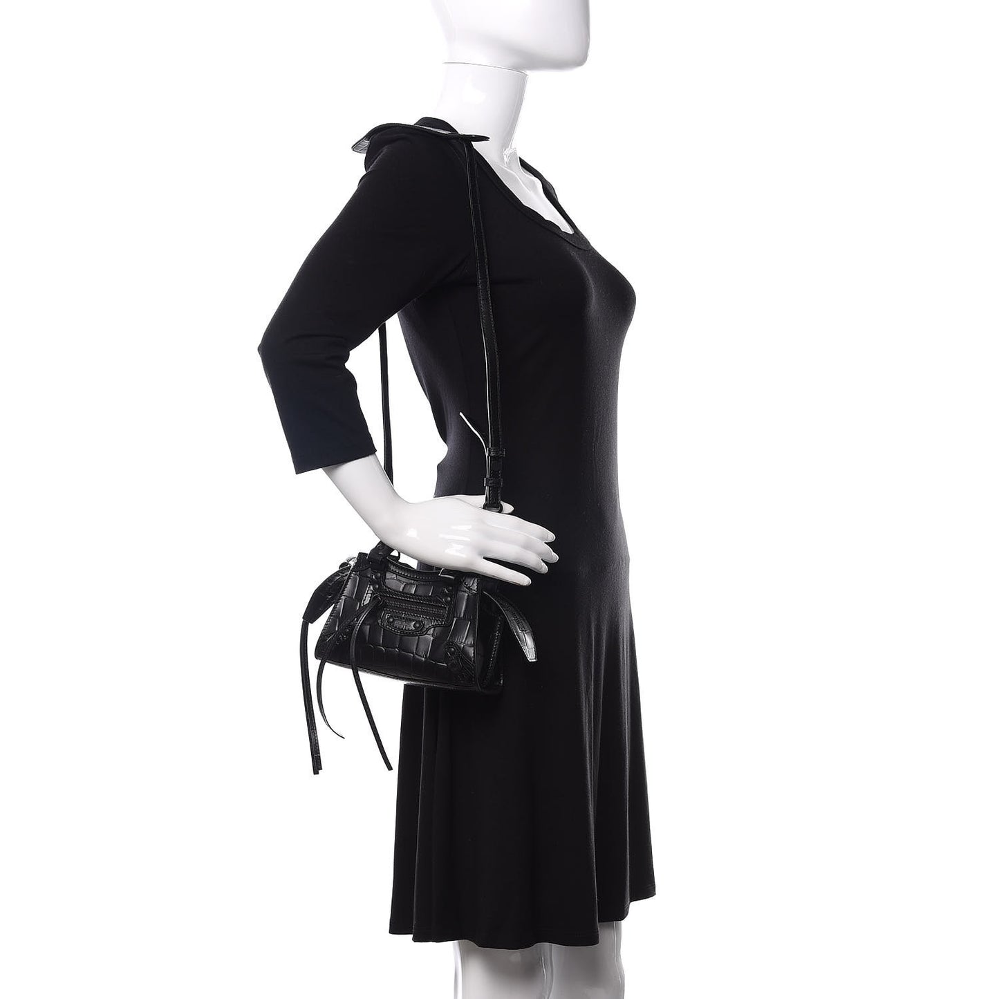 Semi Shiny Calfskin Crocodile Embossed Neo Classic Black Hardware Nano City Crossbody Black