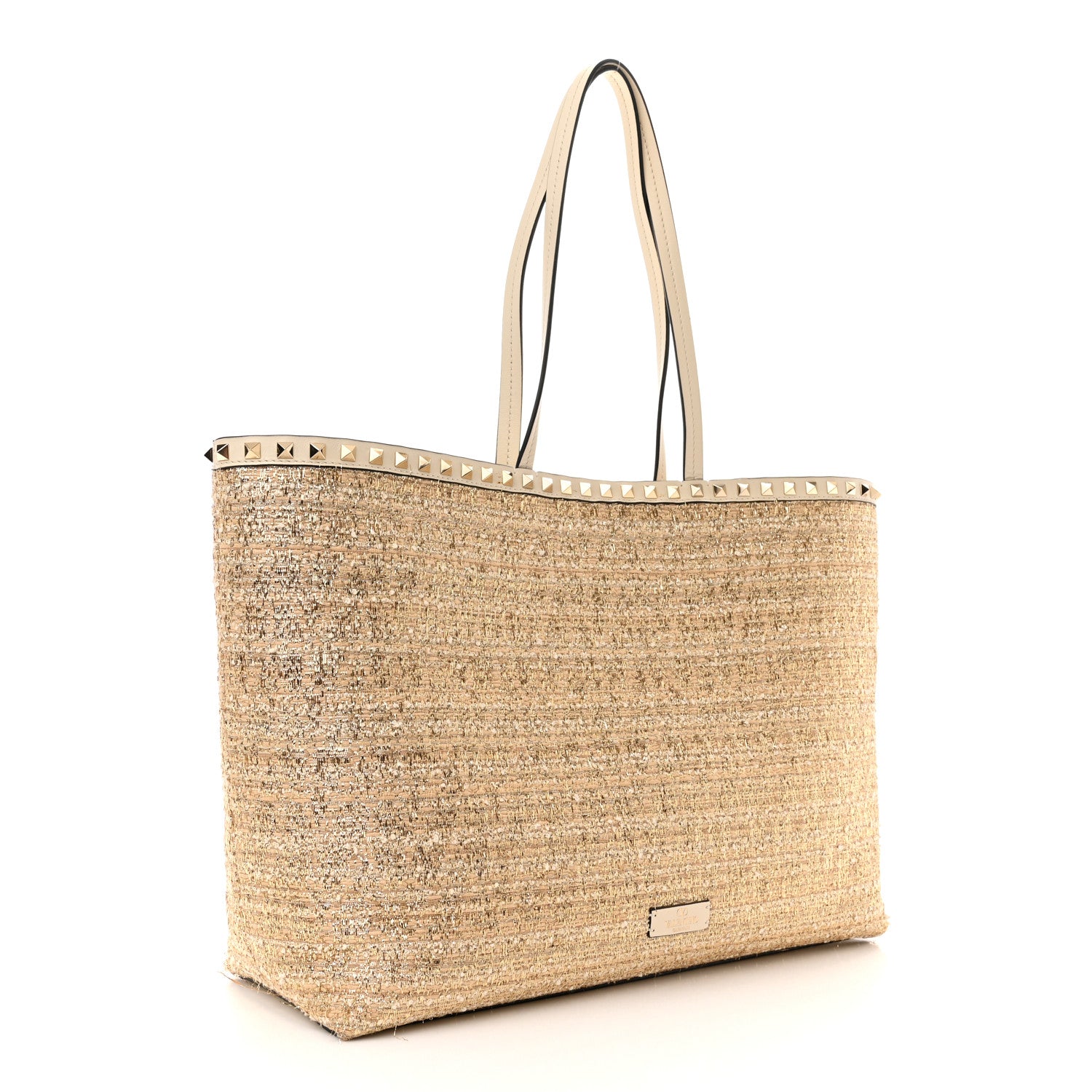 Valentino Garavani Metallic Boucle Raffia Calfskin Rockstud Tote Bag White Ivory Gold 3 of 9