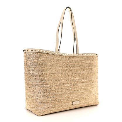 Valentino Garavani Metallic Boucle Raffia Calfskin Rockstud Tote Bag White Ivory Gold 3 of 9
