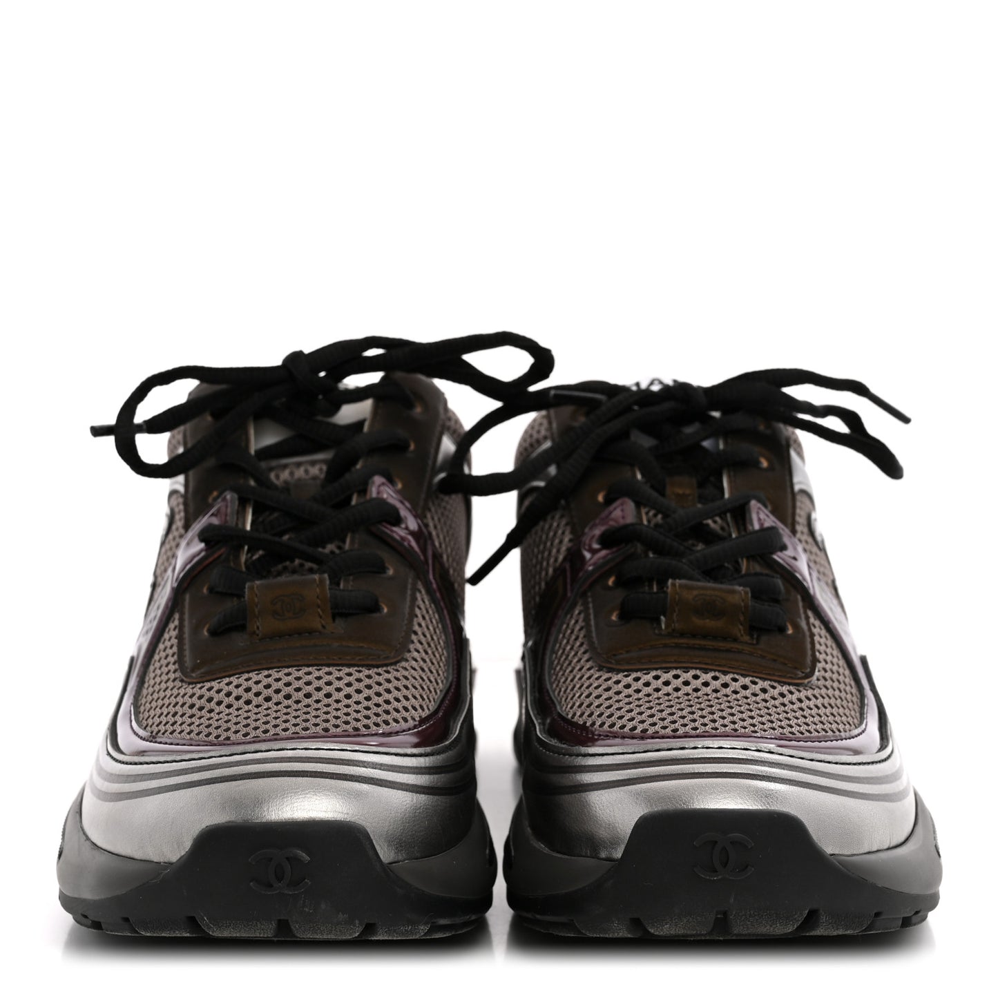 Fabric Laminated Calfskin Stretch CC Womens Sneakers 37.5 Khaki Silver Dark Purple