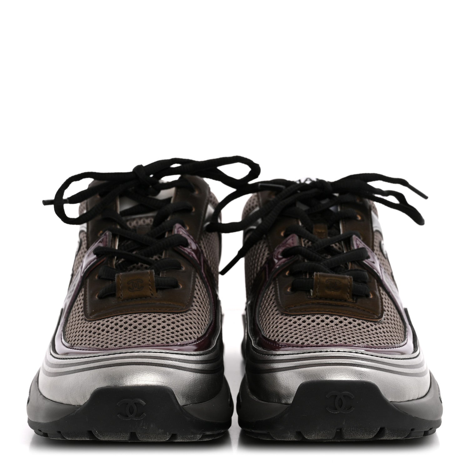 Chanel Fabric Laminated Calfskin Stretch CC Womens Sneakers 37.5 Khaki Silver Dark Purple 3 of 11
