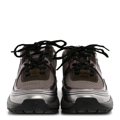 Chanel Fabric Laminated Calfskin Stretch CC Womens Sneakers 37.5 Khaki Silver Dark Purple 3 of 11