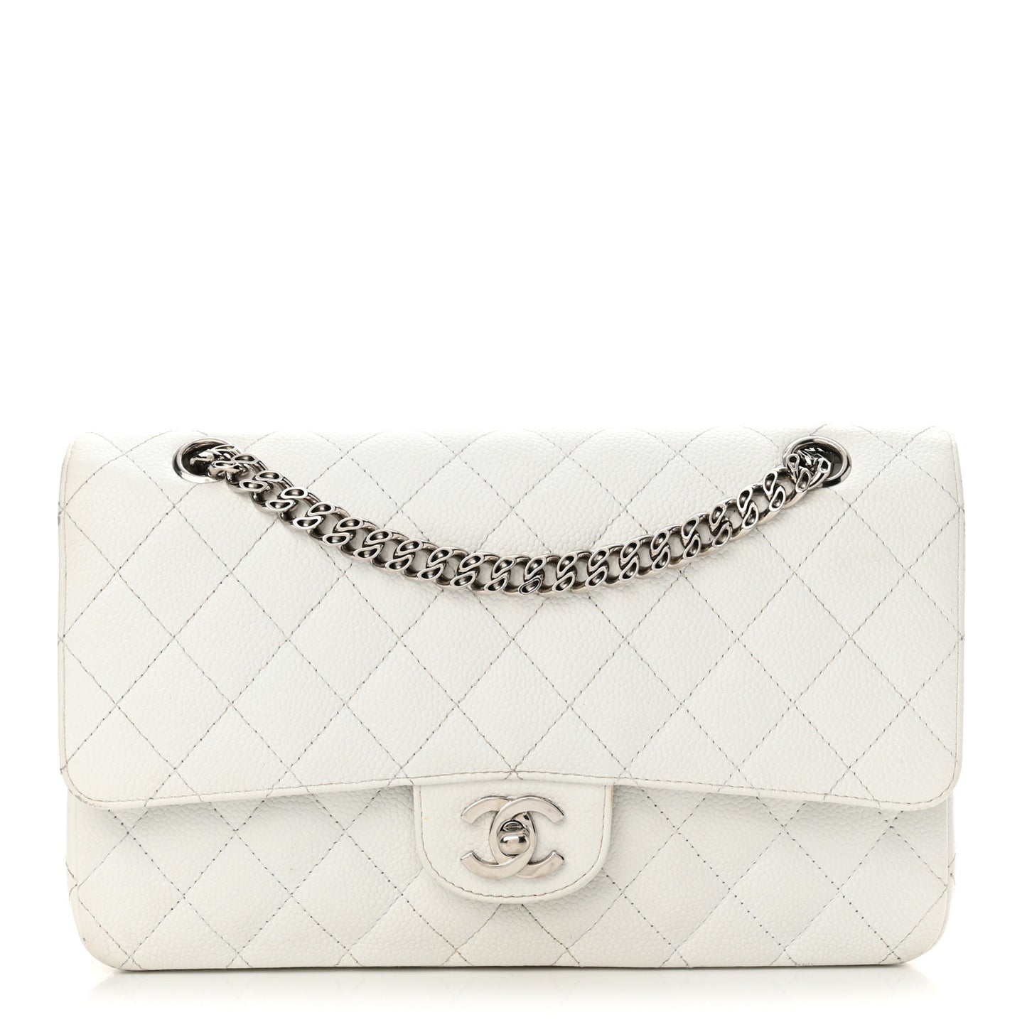 Caviar Quilted Medium Double Flap Bijoux Chain White
