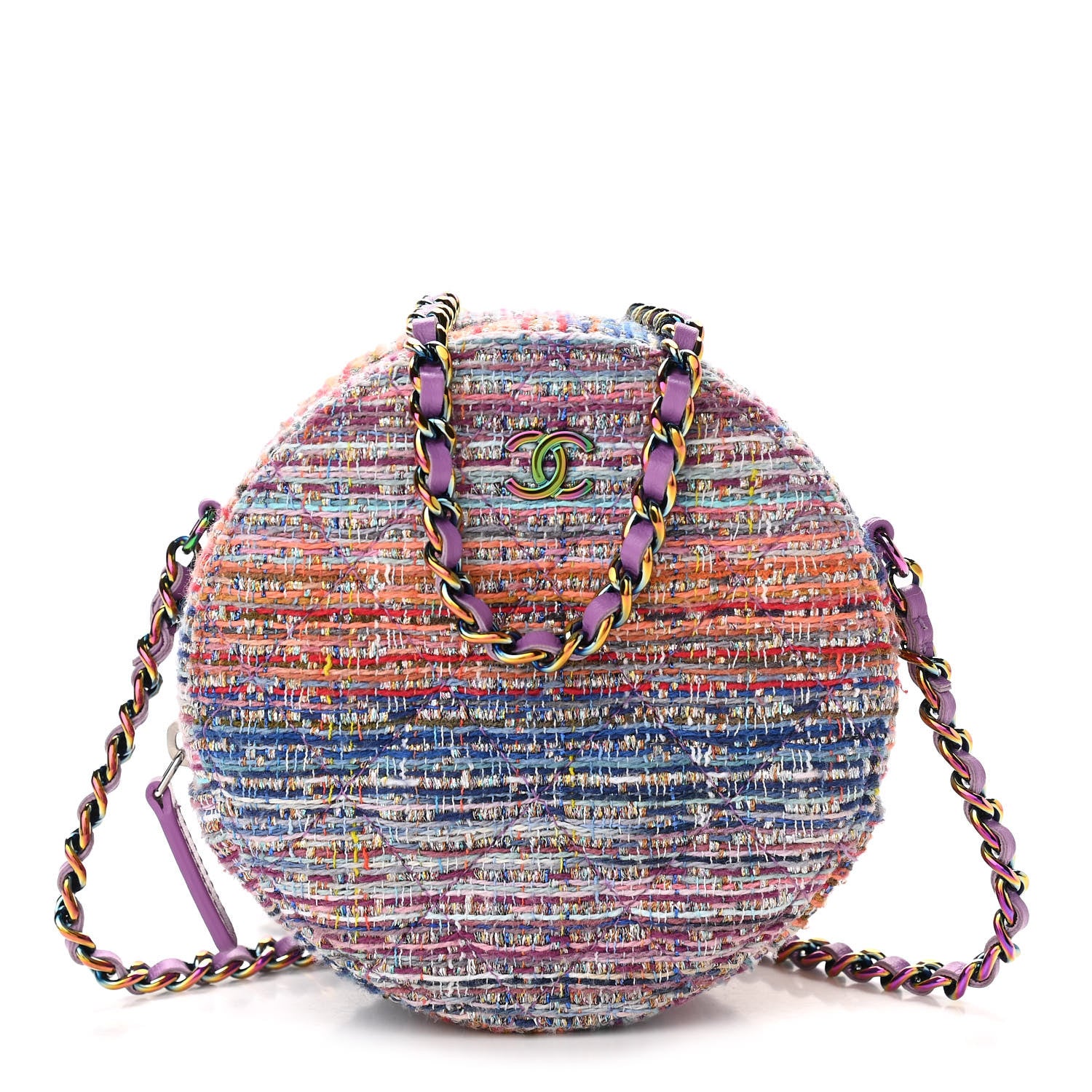 Chanel Tweed Quilted Round Clutch With Chain Blue Pink Orange 1 of 10