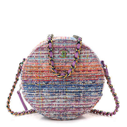 Chanel Tweed Quilted Round Clutch With Chain Blue Pink Orange 1 of 10