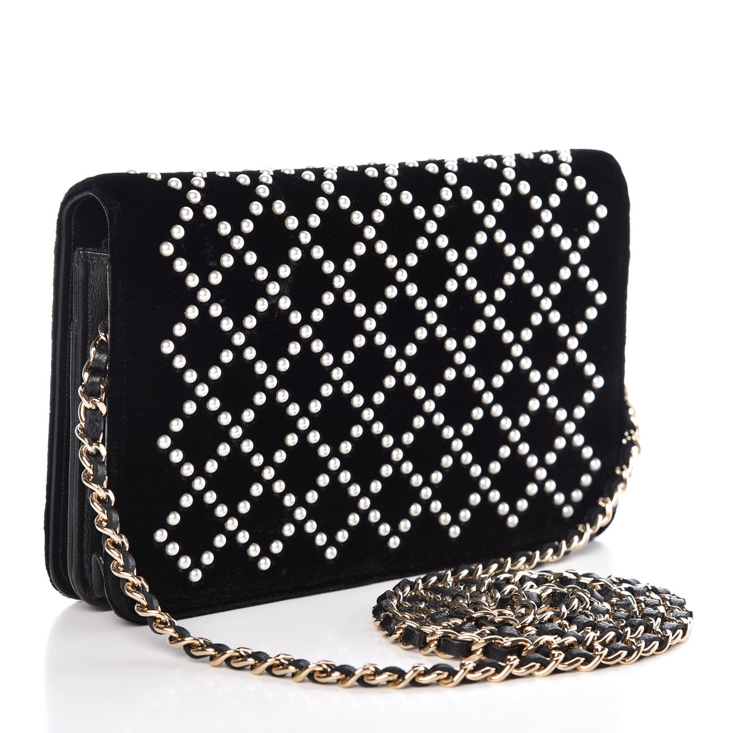 Velvet Pearl Diamond Embellished Wallet On Chain WOC Black